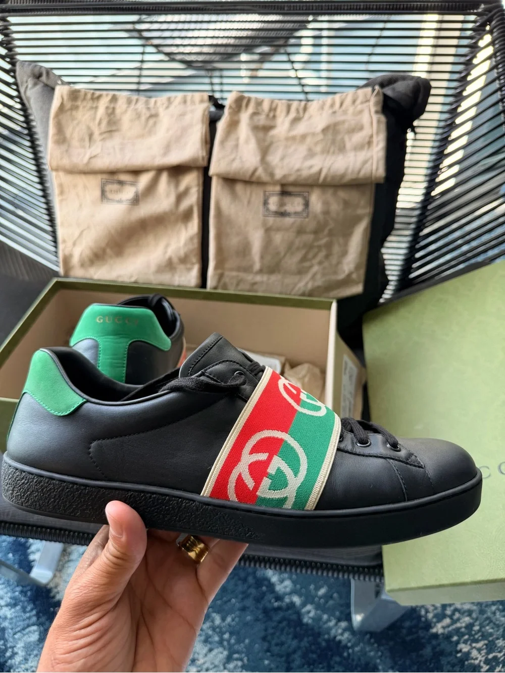 Gucci Kids Black Leather Sneakers with Red & Green Stripe